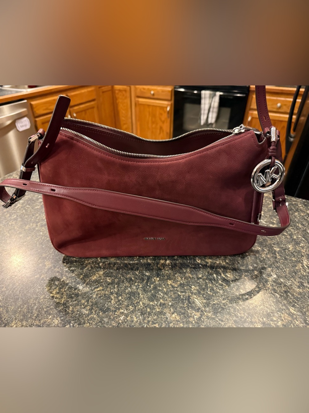 Michael Kors Burgundy Leather Shoulder Bag with Silver MK Charm